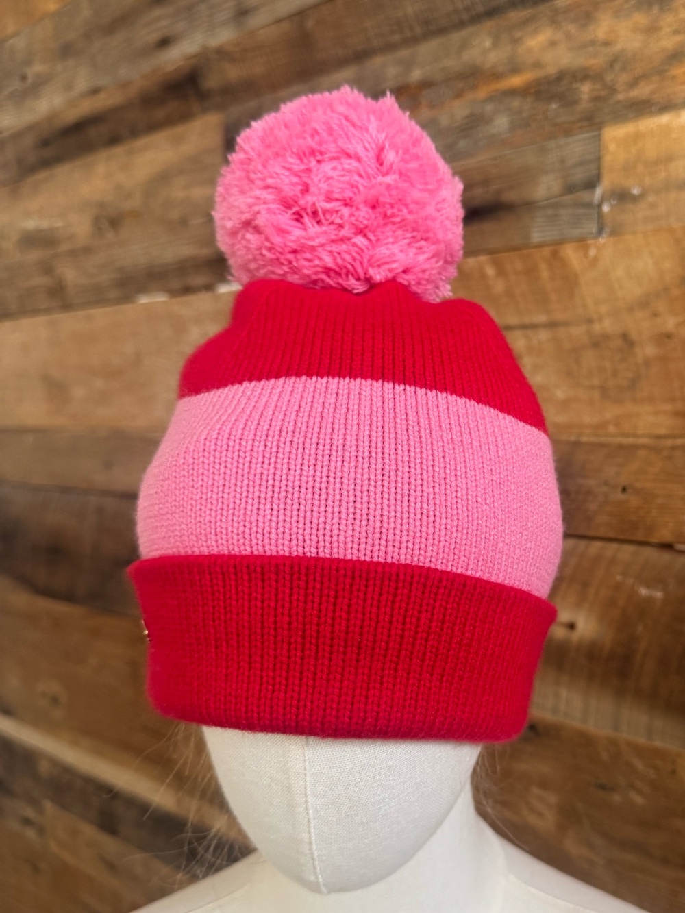Kate Spade New York Pink Red Colorblock Pom Pom Beanie Hat Wool Blend